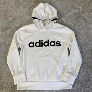 Adidas White Hoodie Black Logo Youth Medium 10–12 Pullover Sweatshirt
